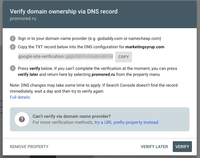 تنظیمات Domain Property در سرچ کنسول