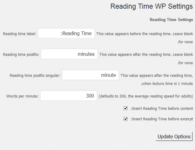 تنظیمات پلاگین Reading Time WP