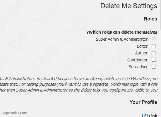 صفحه تنظیمات پلاگین Delete Me