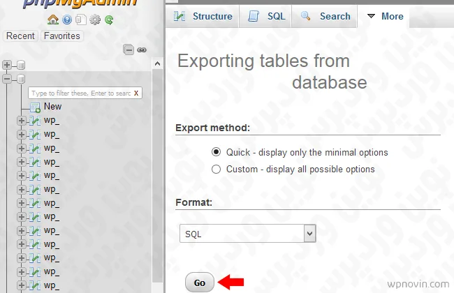 خروجی گرفتن از جداول دیتابیس در phpMyAdmin در ایجاد نسخه کلون سایت