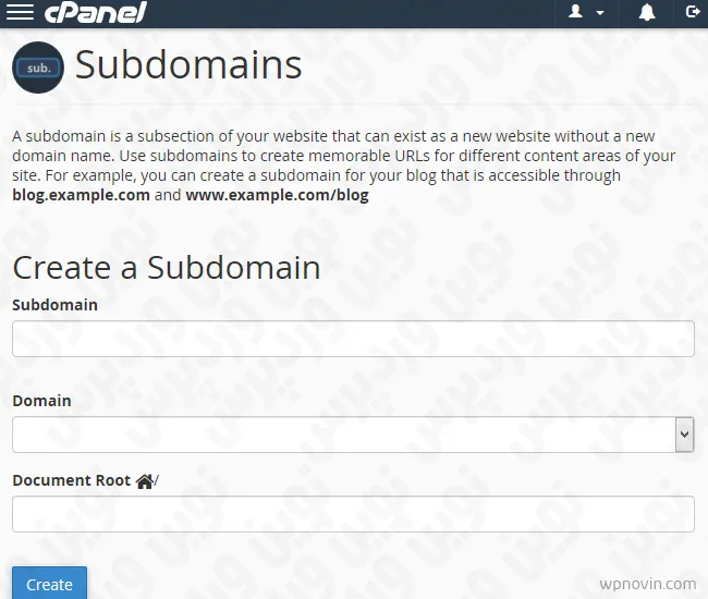 قسمت subdomains در سی پنل برای ایجاد نسخه کلون سایت