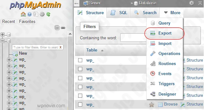 گزینه export در قسمت phpMyadmin مربوط به جداول دیتابیس در ایجاد نسخه کلون سایت