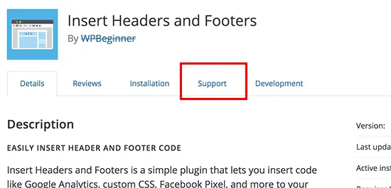 تب Support در صفحه پلاگین/قالب مذکور