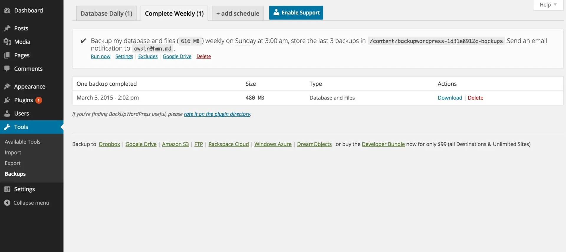 بک آپ گرفتن از وردپرس با BackUpWordPress