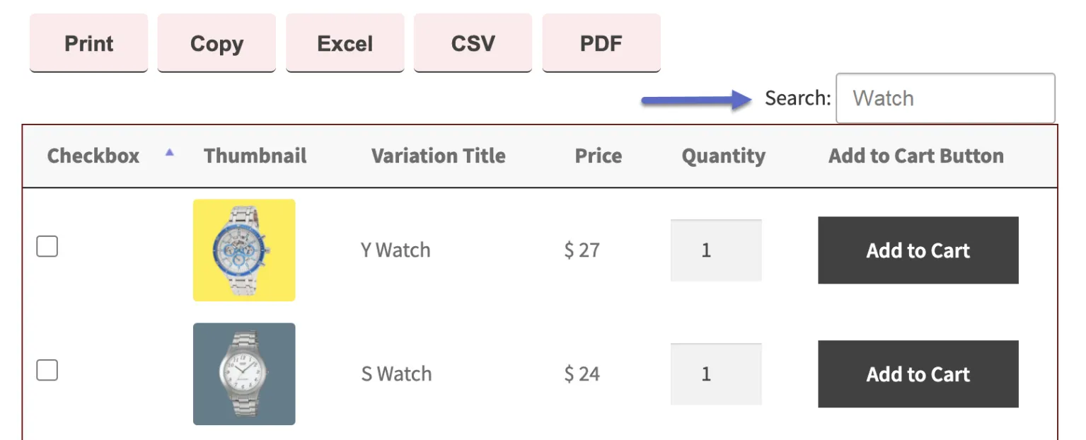 افزونه Product Variations Table for WooCommerce